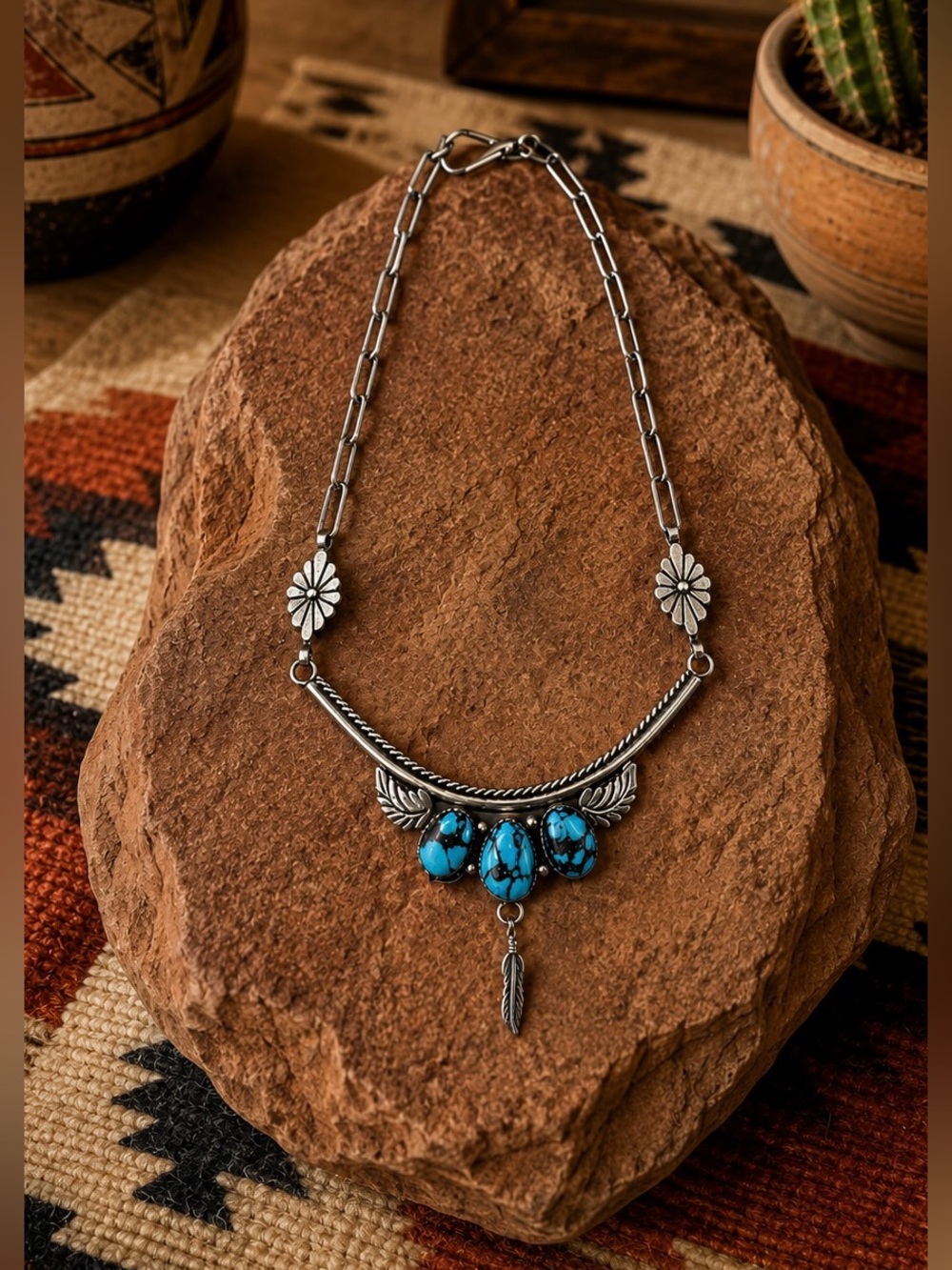 Henrietta Yesele Navajo Native American Sterling Silver Turquoise Bib Necklace